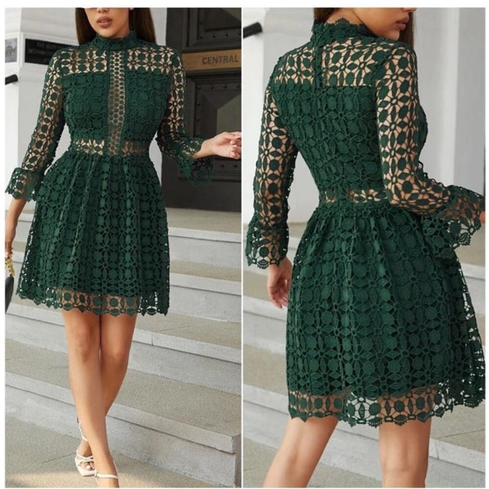 Slate & Willow Women's Teal Full Lace Long Sleeves Full Skirt Mini Dress Size 2
